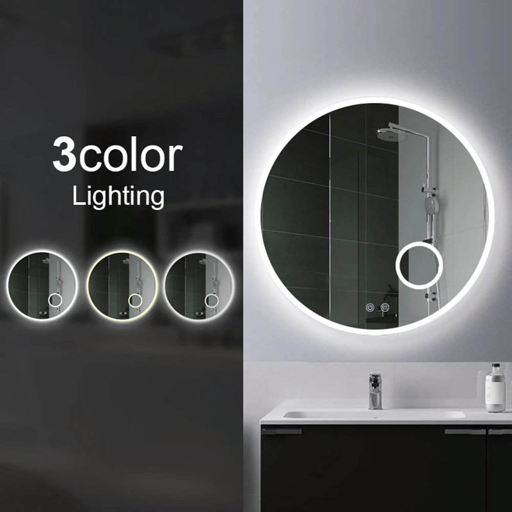 TSI Vanities T-900LRM 900MM ROUND 3 COLOR LIGHTING ACRYLIC LED MIRROR TOUCH SENSOR SWITCH DEFOGGER PAD WALL MOUNTED(COME WITH MAGNIFIER) - LIGHTING ON THE RIM