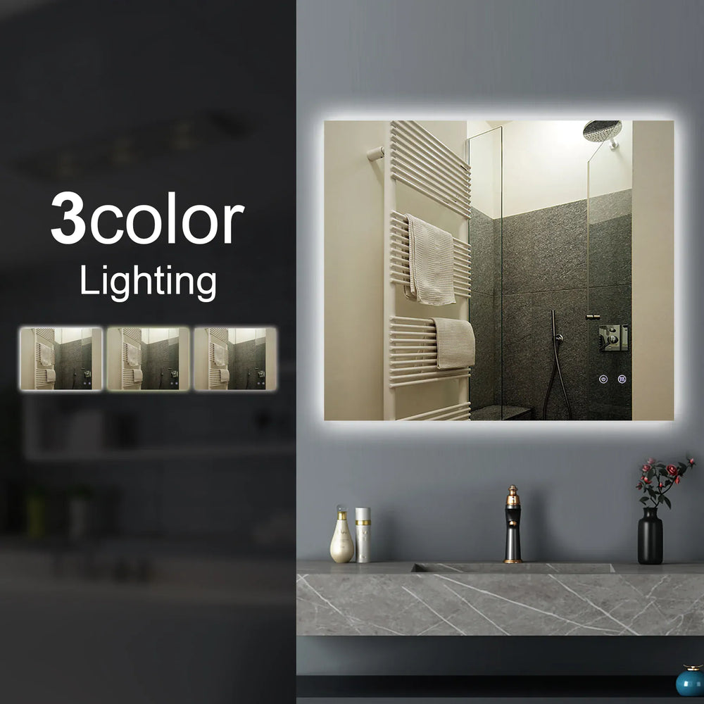 TSI Vanities T-WB9075 900*750MM SHARP EDGE 3 COLOR LIGHTING BACKLIT LED MIRROR TOUCH SENSOR SWITCH DEFOGGER PAD WALL MOUNTED VERTICAL OR HORIZONTAL