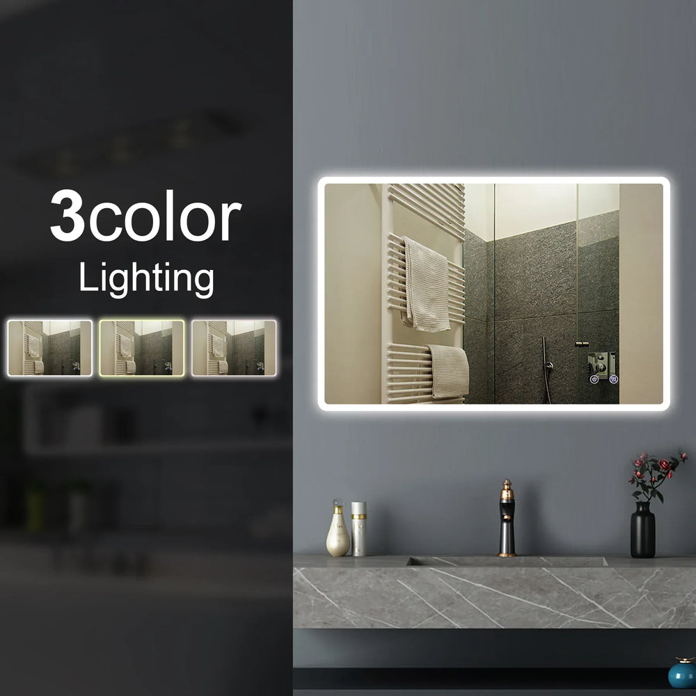 TSI Vanities T-YB1580 1500X800MM CURVED RIM RECTANGLE 3 COLOR LIGHTING LED MIRROR TOUCH SENSOR SWITCH DEFOGGER PAD WALL MOUNTED VERTICAL OR HORIZONTAL