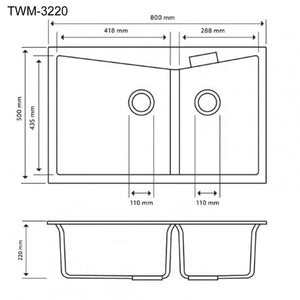 TSI Sinks TWM-3220 800 X 500 X 220MM CARYSIL CGDB3220 DOUBLE BOWL GRANITE KITCHEN SINK TOP/FLUSH MOUNT
