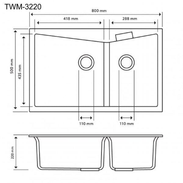 TSI Sinks TWM-3220 800 X 500 X 220MM CARYSIL CGDB3220 DOUBLE BOWL GRANITE KITCHEN SINK TOP/FLUSH MOUNT