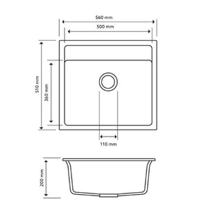 TSI Sinks TWM-560FEW 560 X 510 X 200MM CARYSIL WALTZ 560 SINGLE BOWL GRANITE TOP/FLUSH/UNDER MOUNT KITCHEN/LAUNDRY SINK