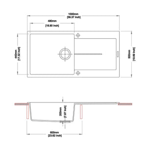 TWM-ED100L 1000 X 500 X 200MM CARYSIL ENIGMA D100L SINGLE BOWL WITH DRAINER BOARD GRANITE KITCHEN SINK