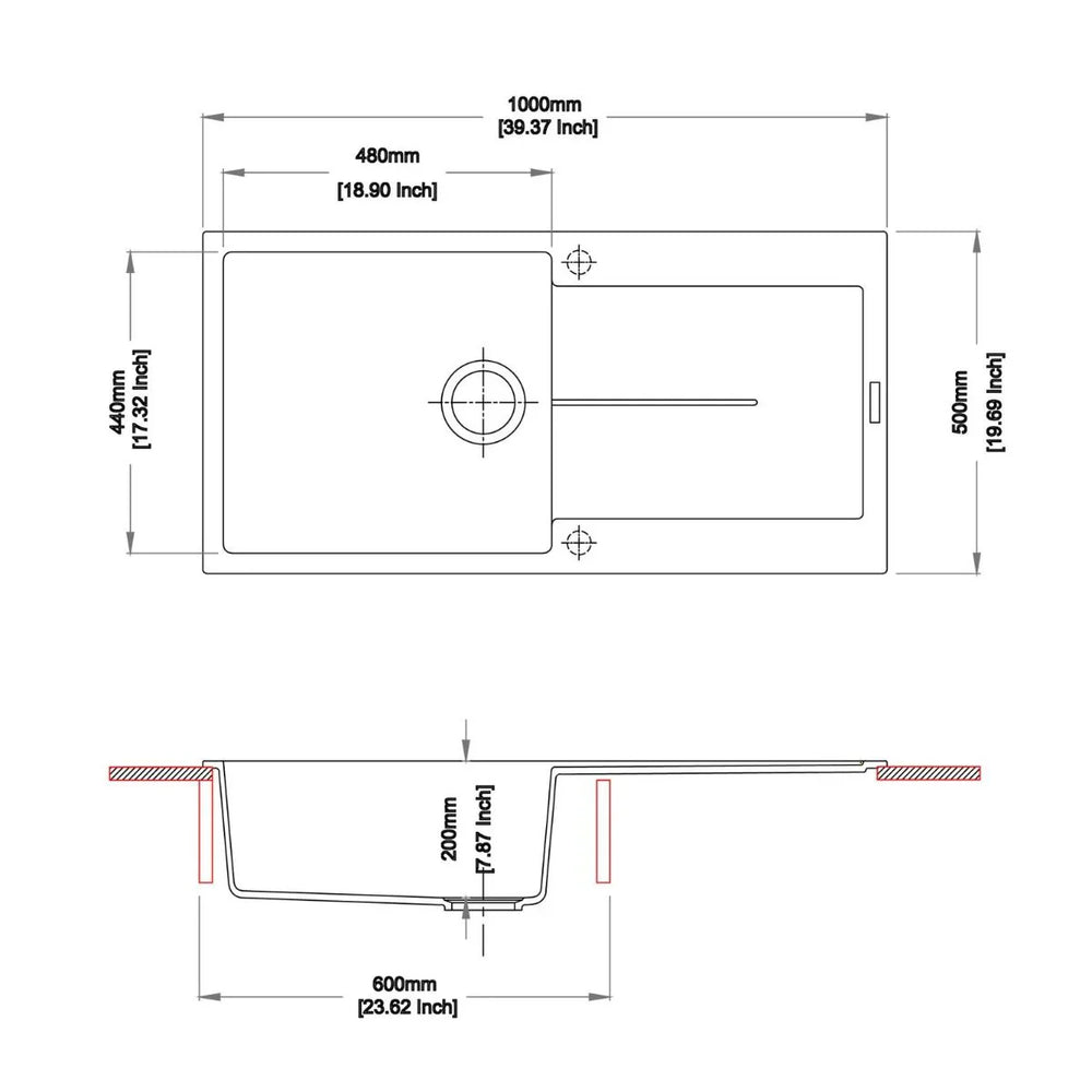 TWM-ED100LW 1000 X 500 X 200MM CARYSIL ENIGMA D100L SINGLE BOWL WITH DRAINER BOARD GRANITE KITCHEN SINK