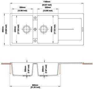 TSI Sinks TWM-ED200 1160 X 500 X 200MM CARYSIL ENIGMA D200 DOUBLE BOWL WITH DRAINER BOARD GRANITE KITCHEN SINK