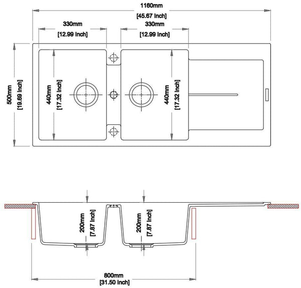 TSI Sinks TWM-ED200 1160 X 500 X 200MM CARYSIL ENIGMA D200 DOUBLE BOWL WITH DRAINER BOARD GRANITE KITCHEN SINK