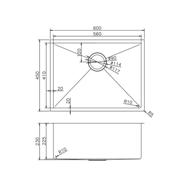 TSI Sinks TWM10-SATIN SATIN - GUN METAL GREY 600X450X230MM SATIN STAINLESS STEEL HANDMADE SINGLE BOWL SINK
