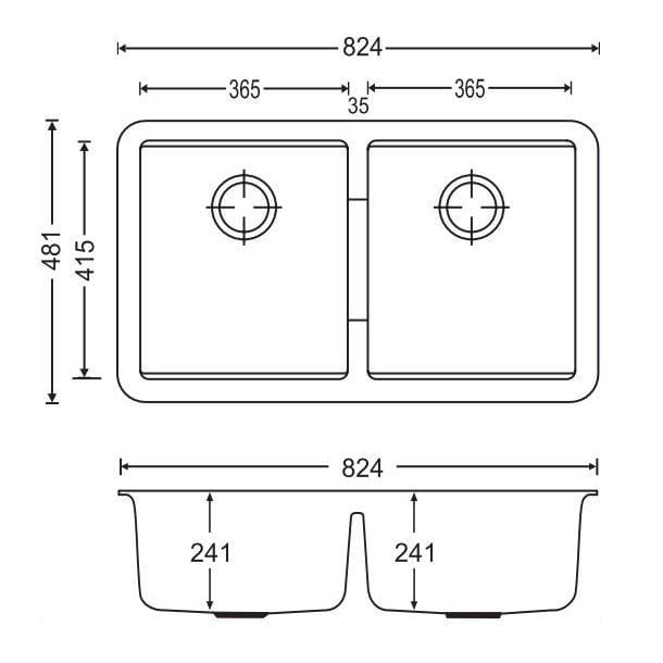 TWM3322-G 824 X 481 X 241MM CARYSIL CONCRETE GREY DOUBLE BOWLS GRANITE UNDERMOUNT KITCHEN SINK