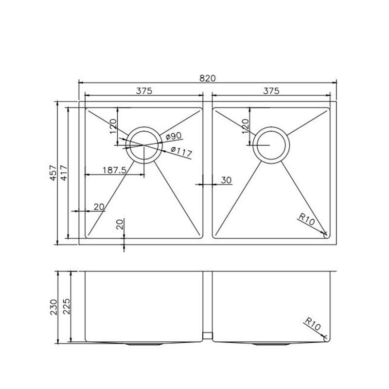 TWM7 820X457X230MM 1.2MM HANDMADE TOP/UNDERMOUNT DOUBLE BOWLS KITCHEN SINK