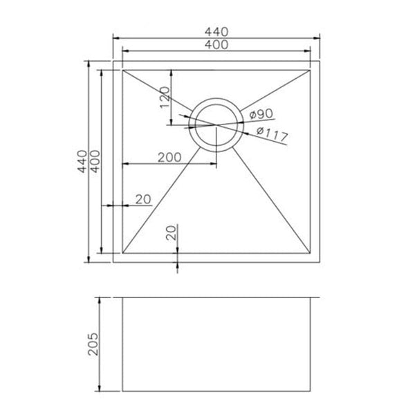 TSI Sinks TWM8 440X440X205MM STAINLESS STEEL HANDMADE SINGLE BOWL SINK FOR FLUSH MOUNT AND UNDERMOUNT