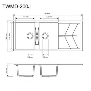 TSI Sinks TWMD-200JG 1160 X 500 X 210MM CARYSIL JAZZ D200 DOUBLE BOWL DRAINER BOARD GRANITE KITCHEN SINK