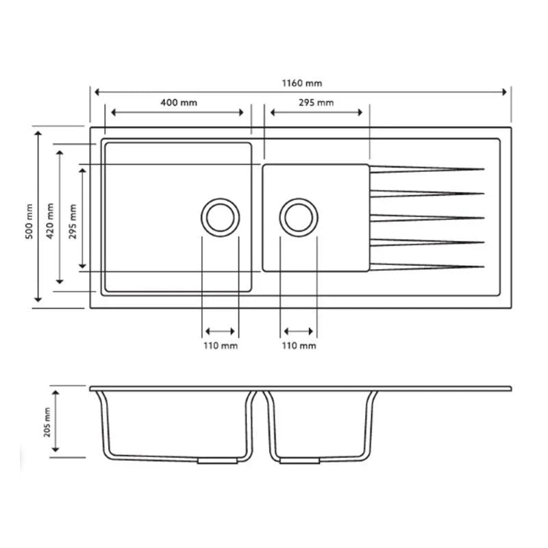 TWMD-200VG 1160 X 500 X 205MM CARYSIL VIVALDI D200V 1 AND A HALF BOWL WITH DRAINER BOARD GRANITE KITCHEN SINK