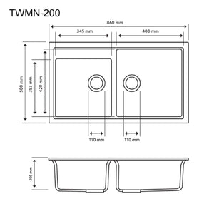 TSI Sinks TWMN-200G 860 X 500 X 205MM CARYSIL N200 DOUBLE BOWL GRANITE KITCHEN SINK