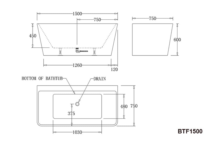 BTF1500-BLACK-SPA  SPA Florence BACK TO WALL SPA BATHTUB 1500x750x600MM