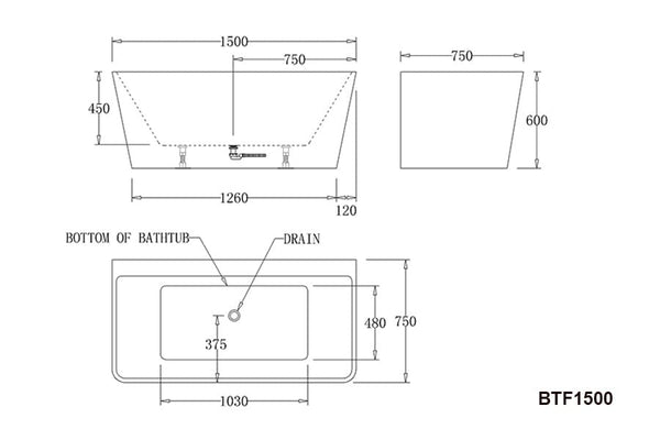 Victiles Bathtubs BTF1500 SPA Florence BACK TO WALL SPA BATHTUB 1500x750x600MM