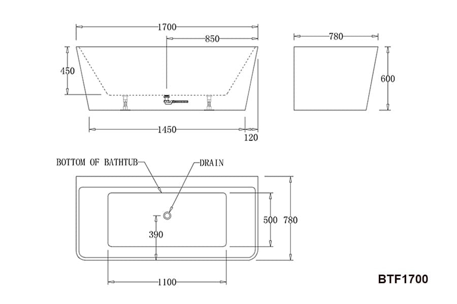 BTF1700 SPA Florence BACK TO WALL SPA BATHTUB 1700x780x600MM