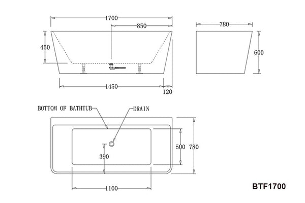 Victiles Bathtubs BTF1700 SPA Florence BACK TO WALL SPA BATHTUB 1700x780x600MM
