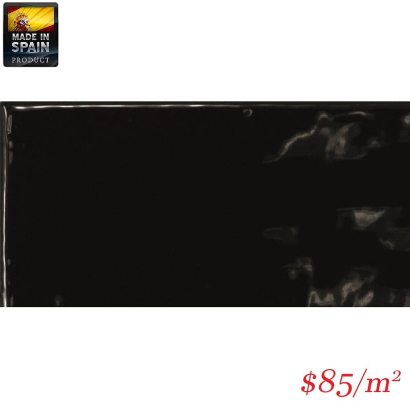 Victiles Tile EQU0005 COTTAGE SUBWAY BLACK GLOSS 75X150MM Made In Spain