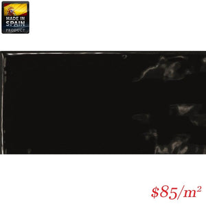 Victiles Tile EQU0005 COTTAGE SUBWAY BLACK GLOSS 75X150MM Made In Spain