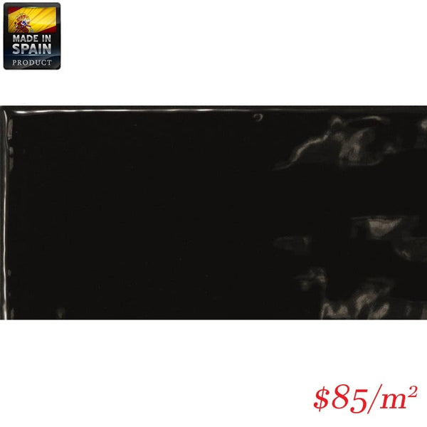Victiles Tile EQU0005 COTTAGE SUBWAY BLACK GLOSS 75X150MM Made In Spain