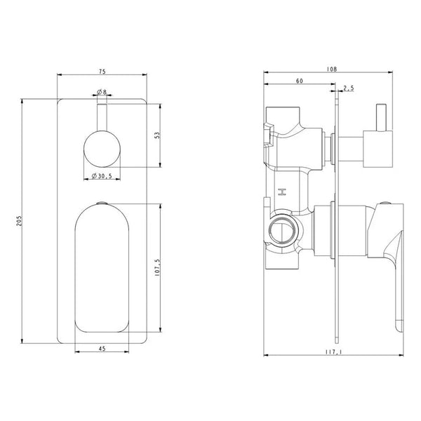 OX0165-2.ST VOG SOLID BRASS BLACK BATH/SHOWER WALL MIXER WITH DIVERTER WALL MOUNTED