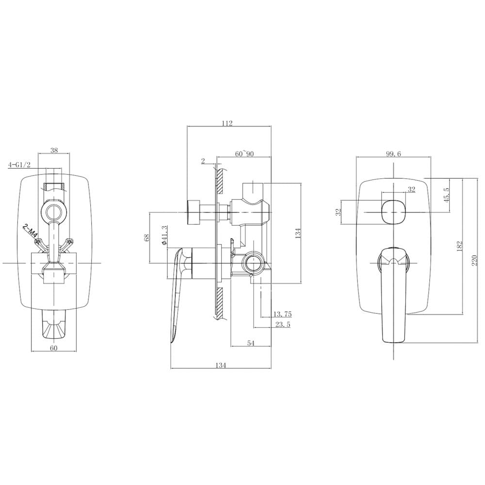 WMD204.01 Bellino Chrome Wall Mixer Diverter