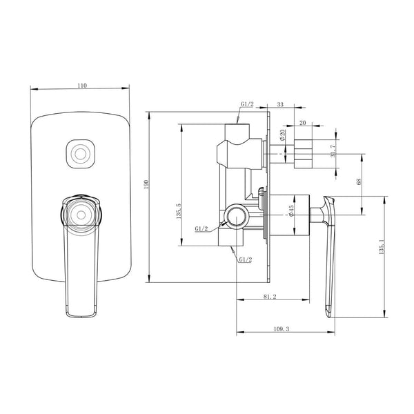 TSI Mixer Taps WMD45.03 Esperia Matte Black & Chrome Wall Mixer with Diverter