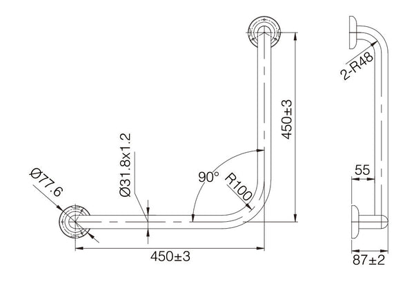 ZENMO Bathroom Accessories TP Grab45MK MOBI CARE 450 x 450mm 90 Degree Grab Rail in Matte Black