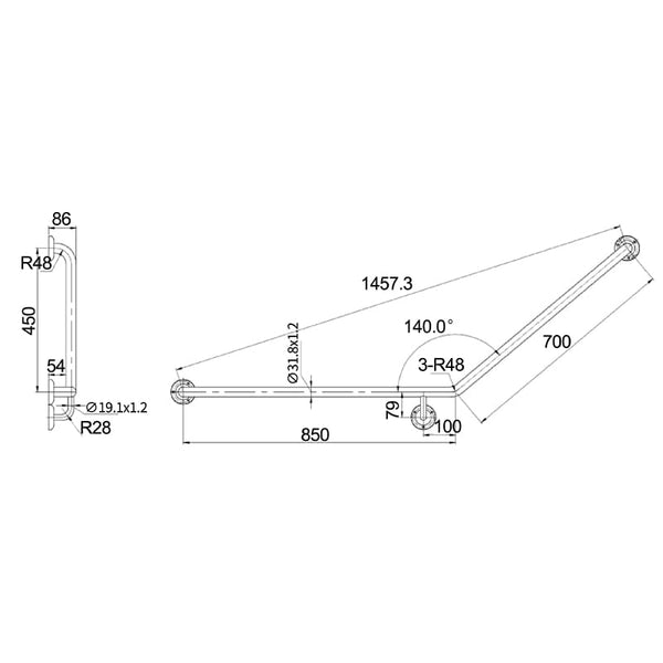 ZENMO Bathroom Accessories TP GRAB857R MOBI CARE Curved Grab Rail in Stainless Steel - (RH Facing Toilet)