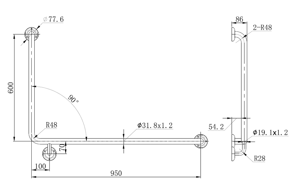 TP GRAB956R MOBI CARE 950 x 600 RH Grab Rail in Stainless Steel