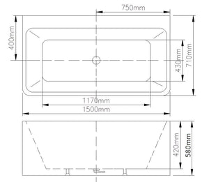 ZENMO Bathtubs BT 058S STELLA 1500mm Free Standing Back to Wall Bath 1500x710x560mm