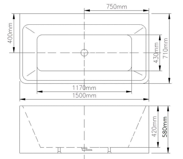 ZENMO Bathtubs BT 058S STELLA 1500mm Free Standing Back to Wall Bath 1500x710x560mm