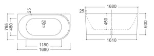 ZENMO Bathtubs BT 258L BONDI 1680mm Left Hand Back to Wall Free Standing Bath Tub 1680x765x600mm