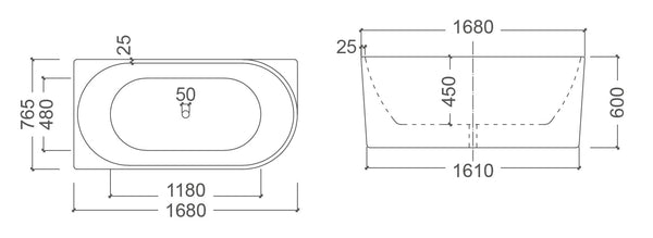 ZENMO Bathtubs BT 258L BONDI 1680mm Left Hand Back to Wall Free Standing Bath Tub 1680x765x600mm
