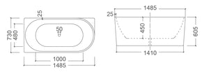 ZENMO Bathtubs BT 258LS BONDI 1485mm Left Hand Back to Wall Free Standing Bath Tub 1485x730x605mm