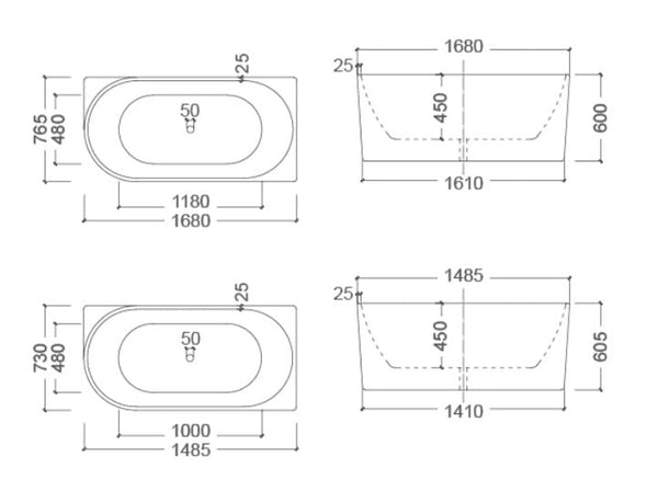 ZENMO Bathtubs BT 258RS BONDI 1485mm Right Hand Back to Wall Free Standing Bath Tub 1485x730x605mm