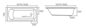ZENMO Bathtubs BT 742 RENO 1675mm Insert Bath Tub 1675x700x420mm
